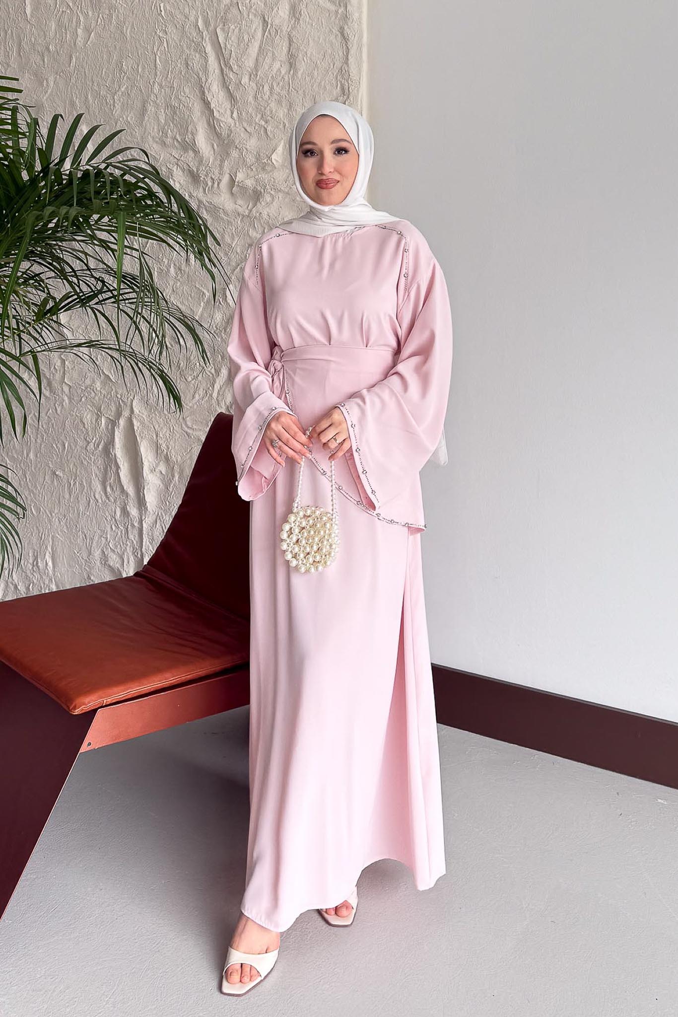 Taş Detaylı Abiye Elbise Pembe