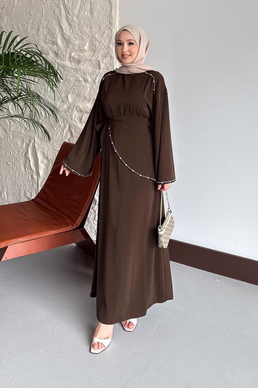Taş Detaylı Abiye Elbise Kahverengi