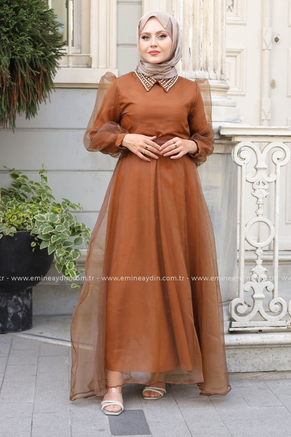 Taşlı Organze Elbise Bakır