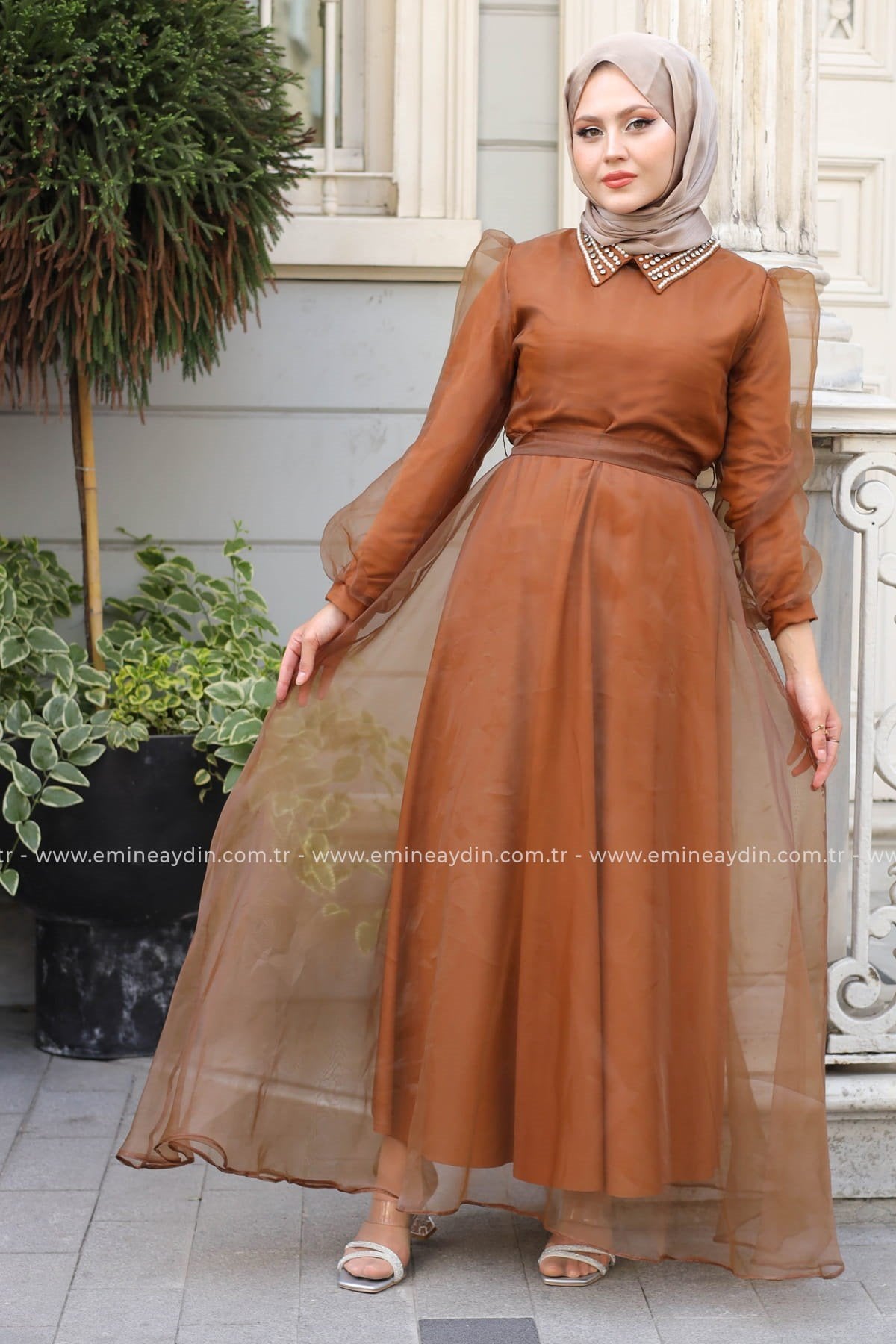 Taşlı Organze Elbise Bakır