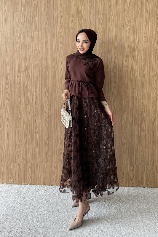 Orkide Dantel Takım Kahverengi