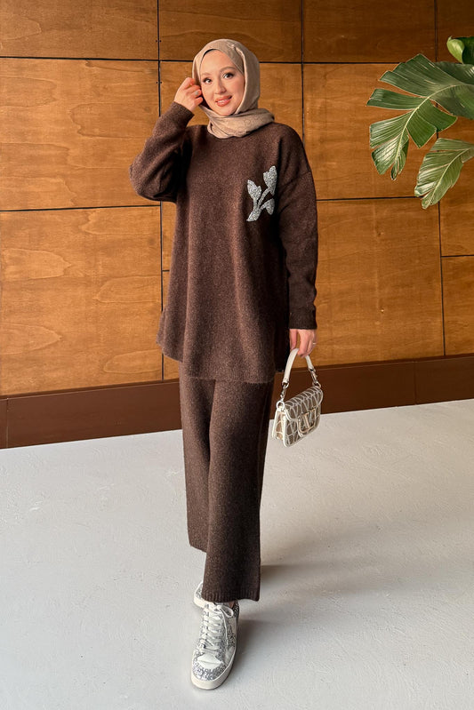 Gül Motifli Angora Takım Kahverengi