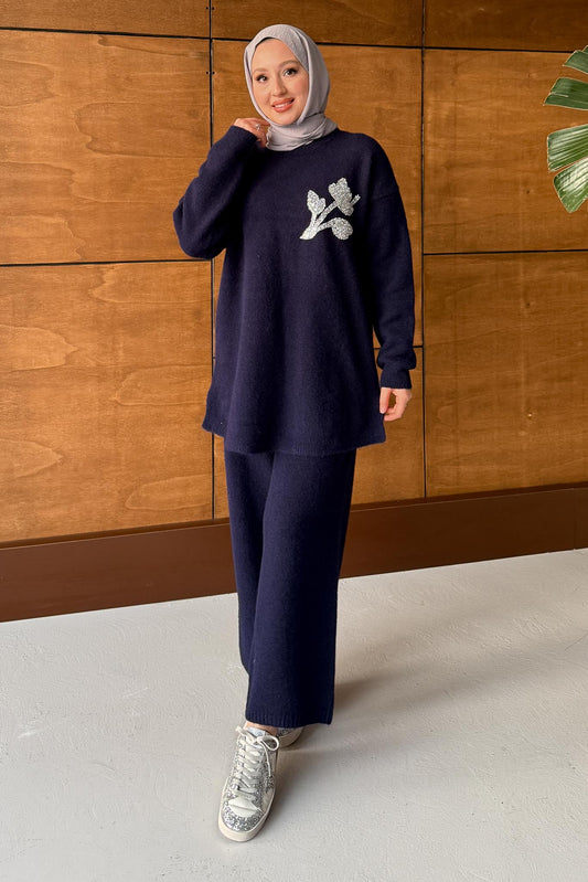 Gül Motifli Angora Takım Lacivert