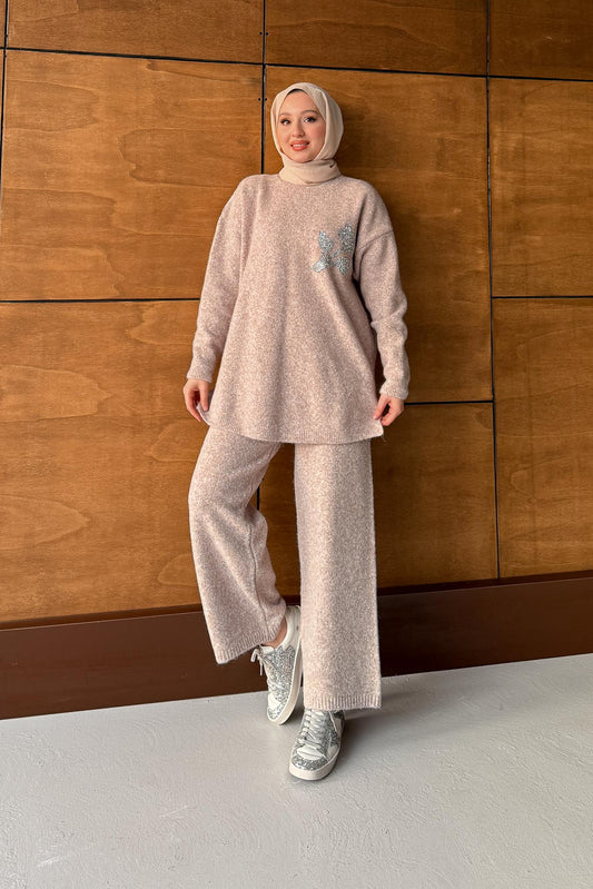 Gül Motifli Angora Takım Vizon