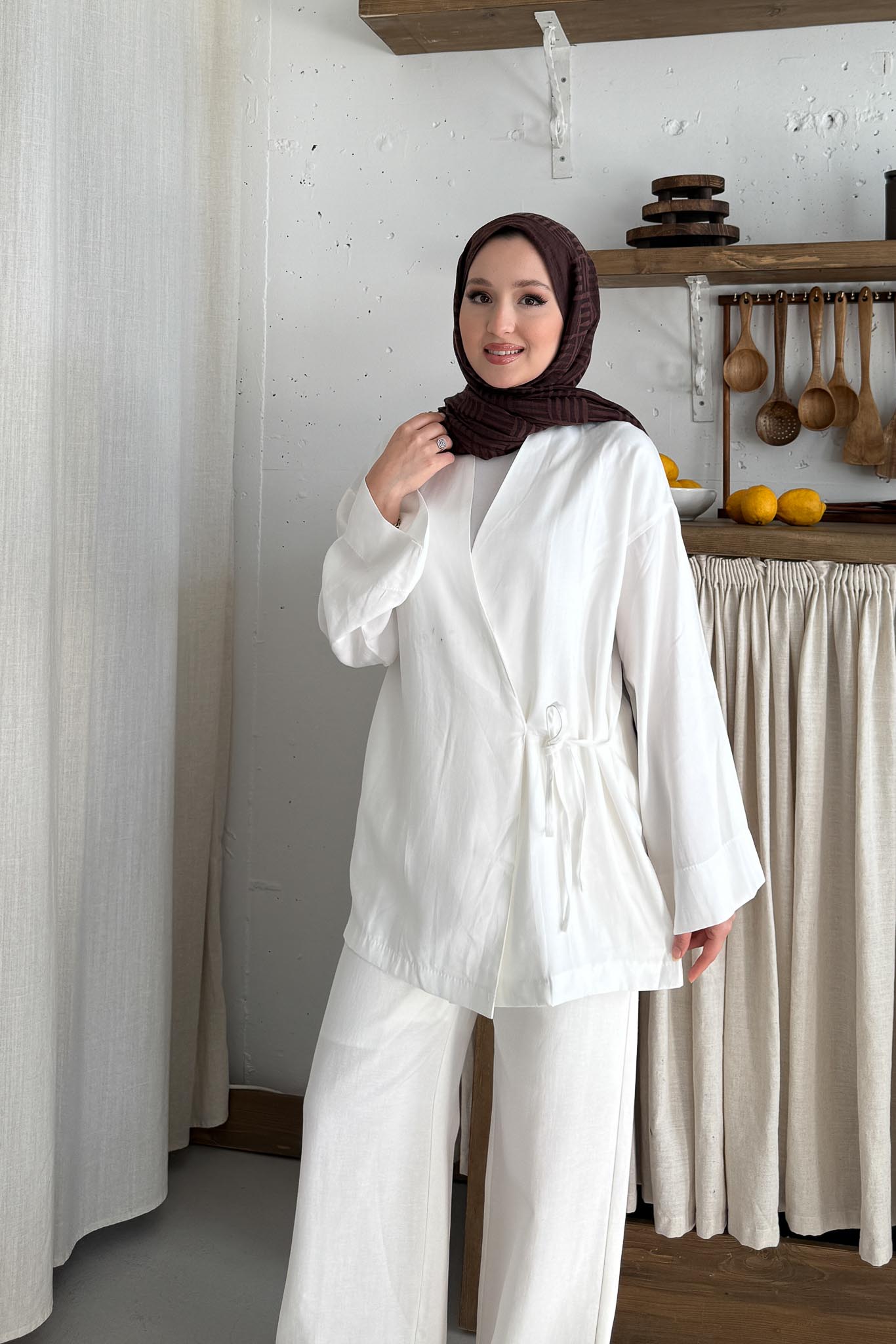 Mati Bağlamalı Kimono Beyaz