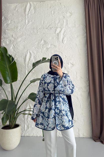 Hamim Desenli Gömlek Kimono Lacivert
