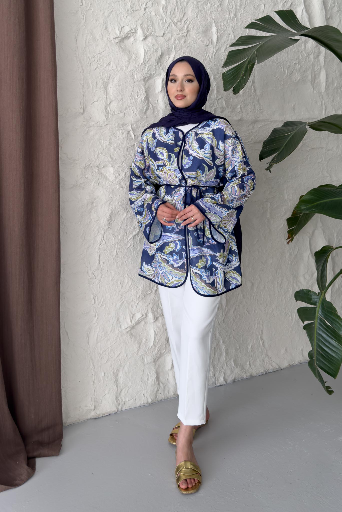 Hamim Desenli Gömlek Kimono Lacivert