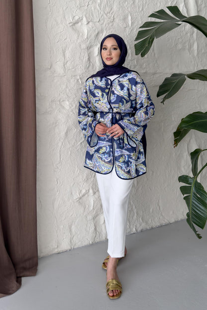 Hamim Desenli Gömlek Kimono Lacivert