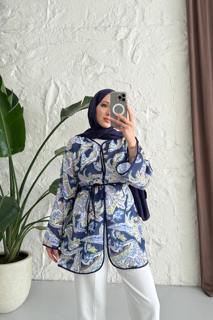 Hamim Desenli Gömlek Kimono Lacivert
