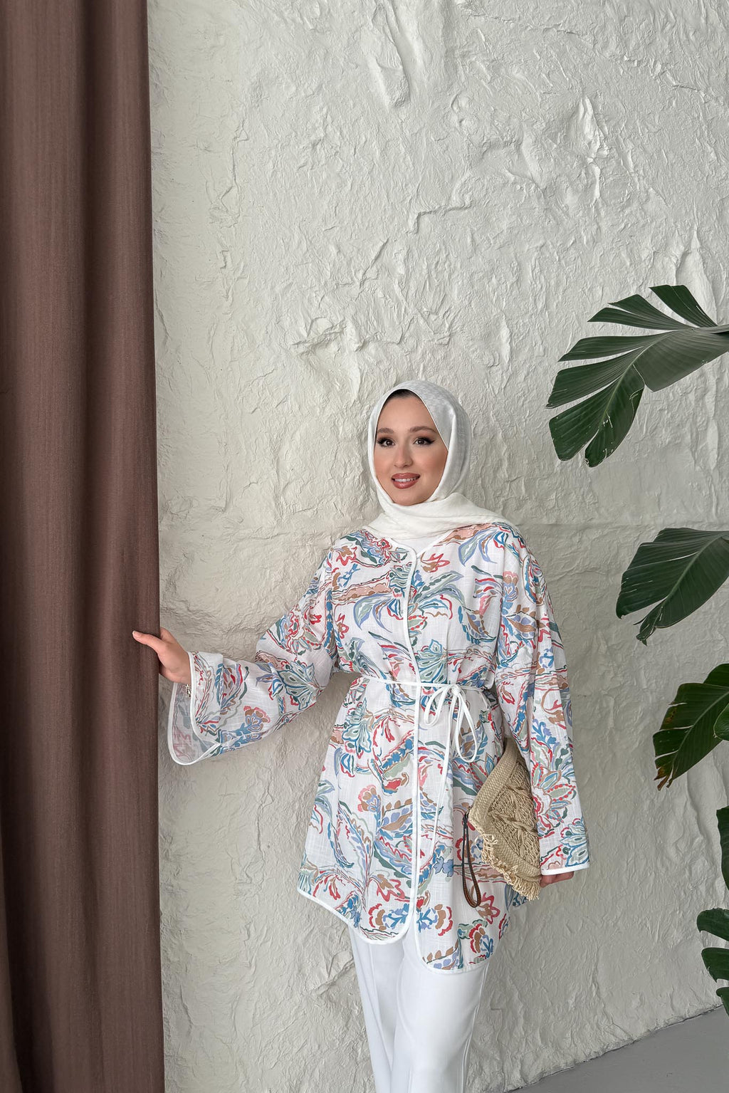 Hamim Desenli Gömlek Kimono Beyaz