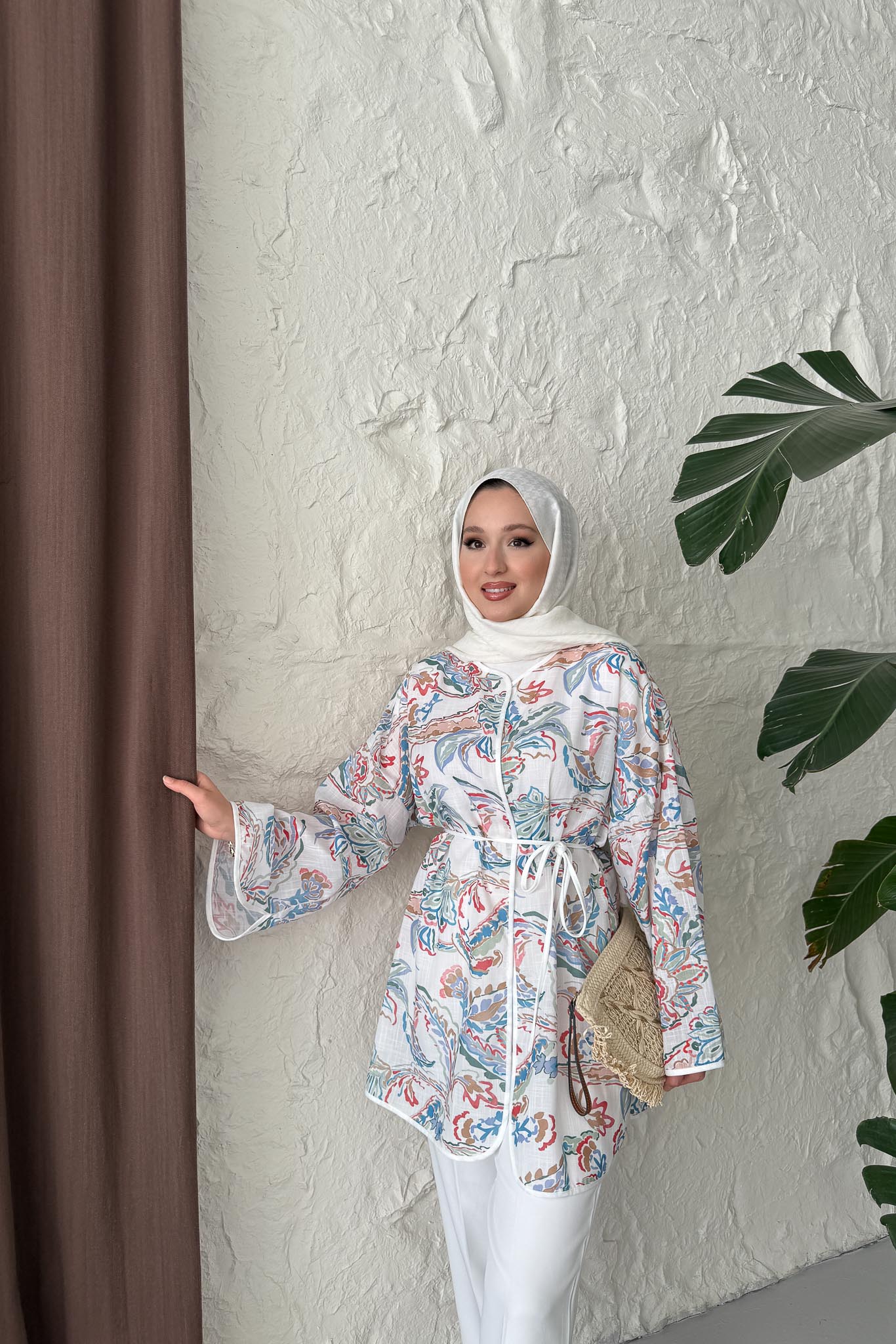 Hamim Desenli Gömlek Kimono Beyaz