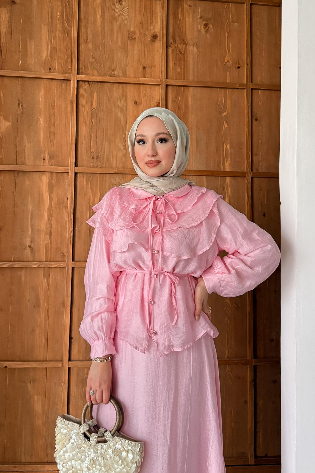 Katlı Yakalı Takım Pembe