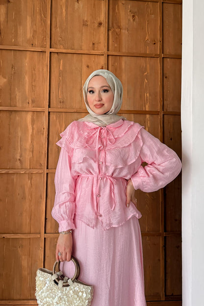 Katlı Yakalı Takım Pembe