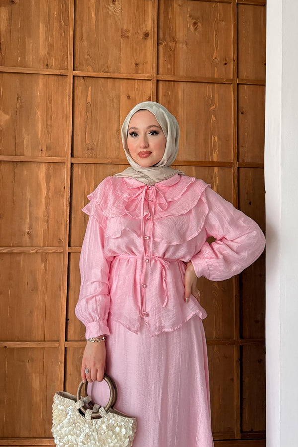 Katlı Yakalı Takım Pembe
