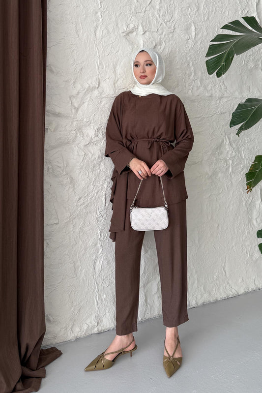 Şallı Keten Takım Kahverengi