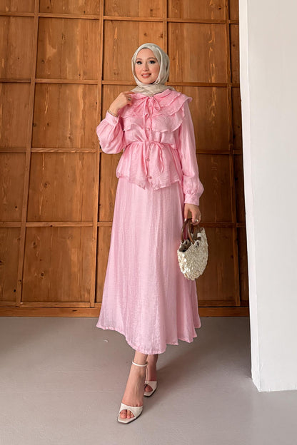 Katlı Yakalı Takım Pembe