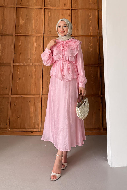 Katlı Yakalı Takım Pembe
