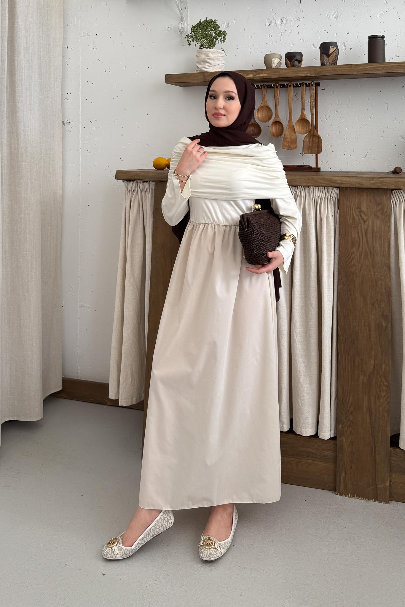 Rüya Büzgülü Elbise Bej