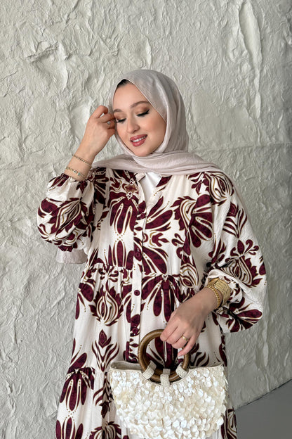 Rabi Desenli Elbise Bordo