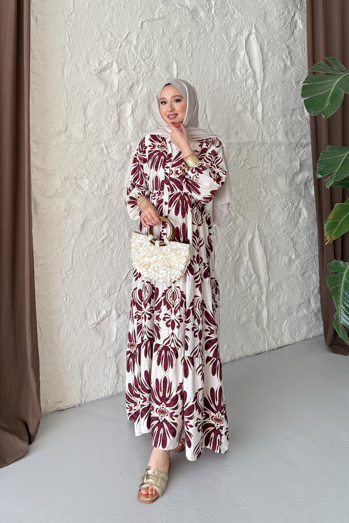 Rabi Desenli Elbise Bordo
