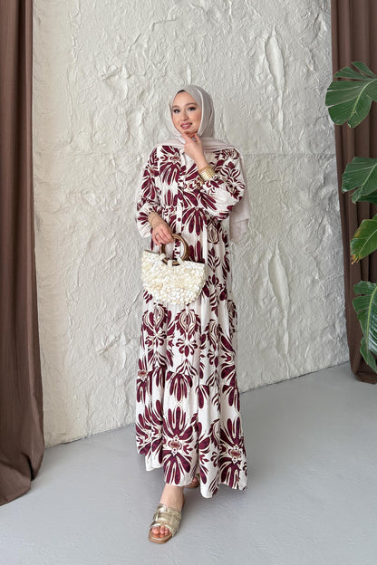 Rabi Desenli Elbise Bordo
