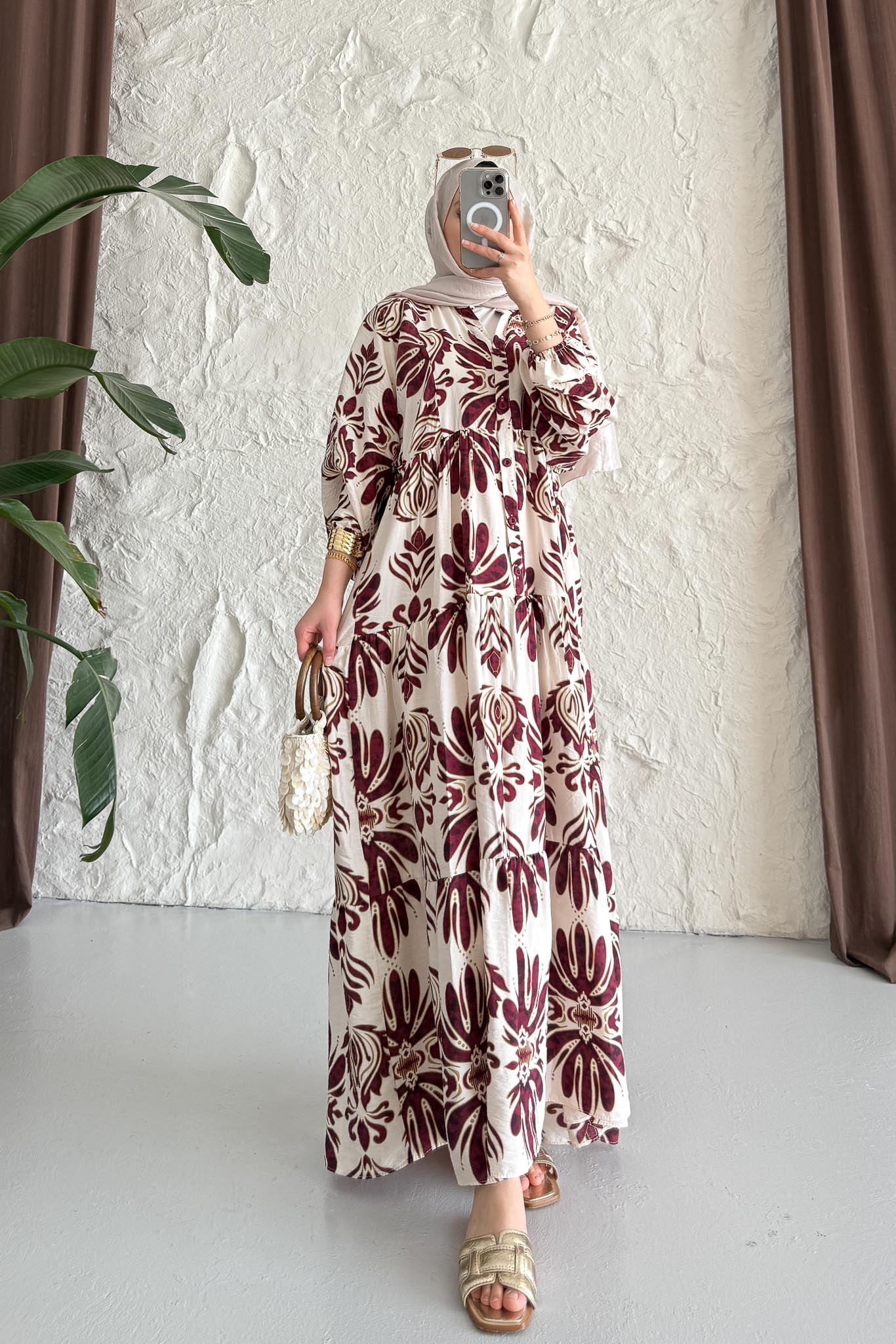 Rabi Desenli Elbise Bordo