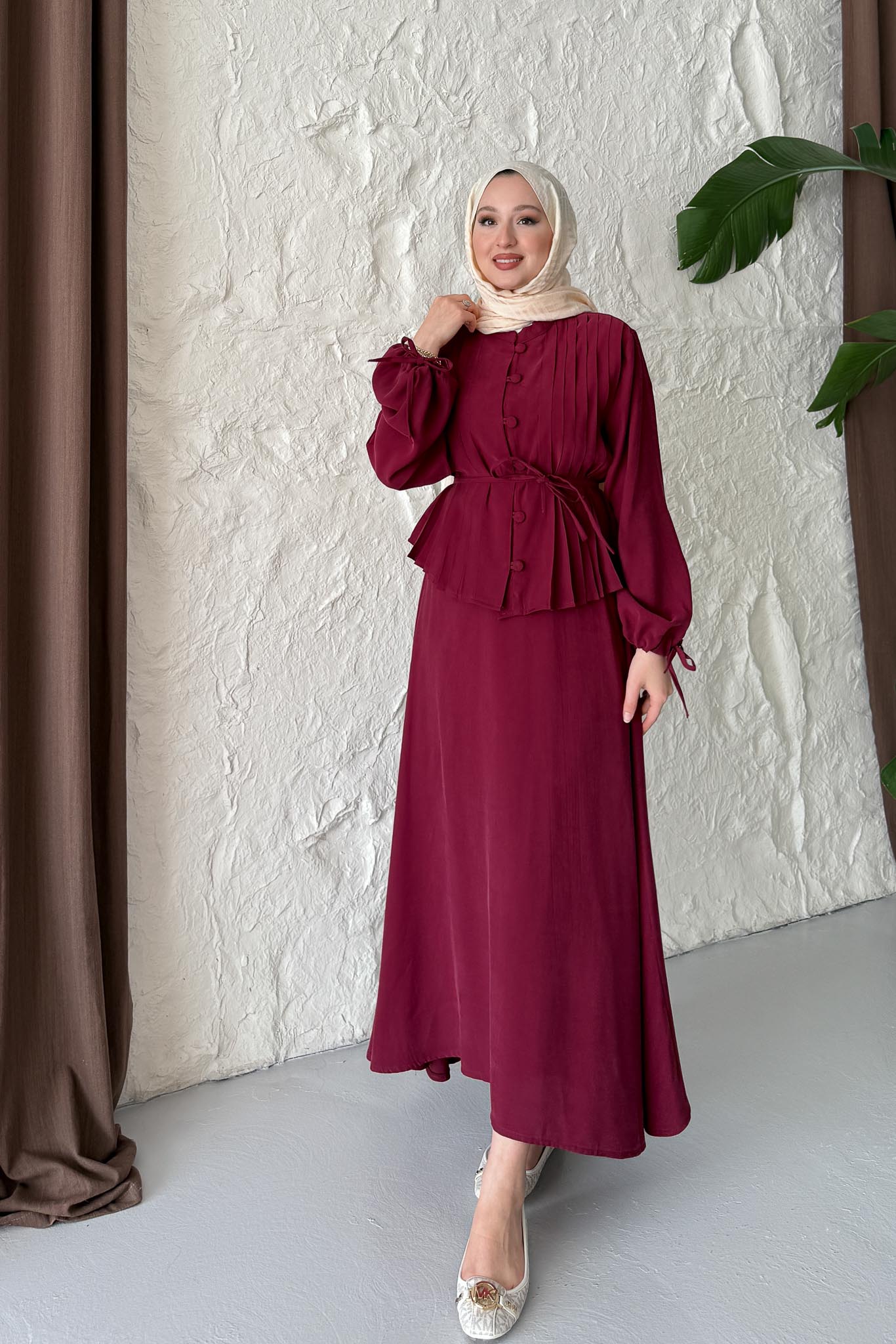 Polyana Düğmeli Takım Mürdüm