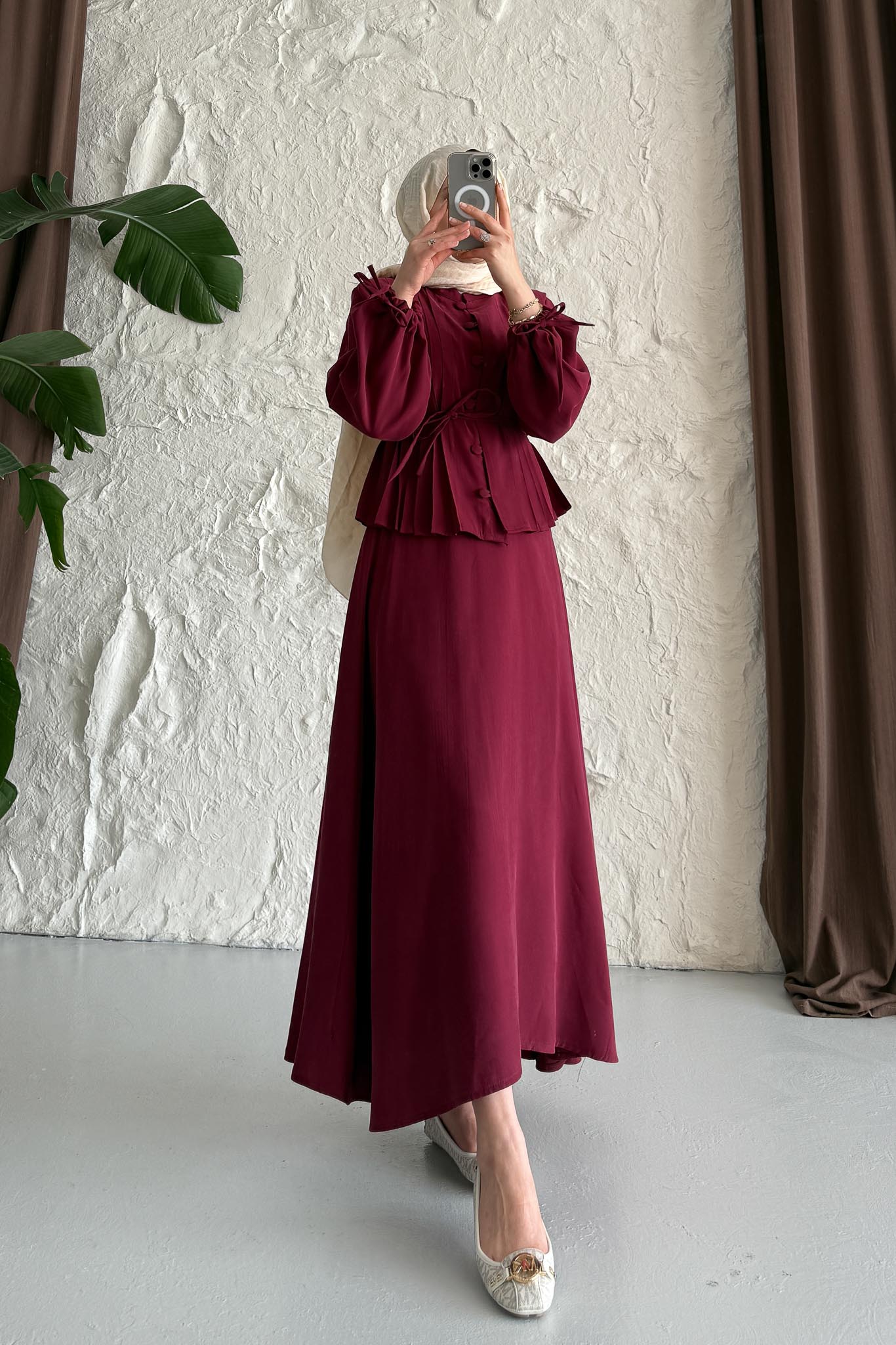 Polyana Düğmeli Takım Mürdüm