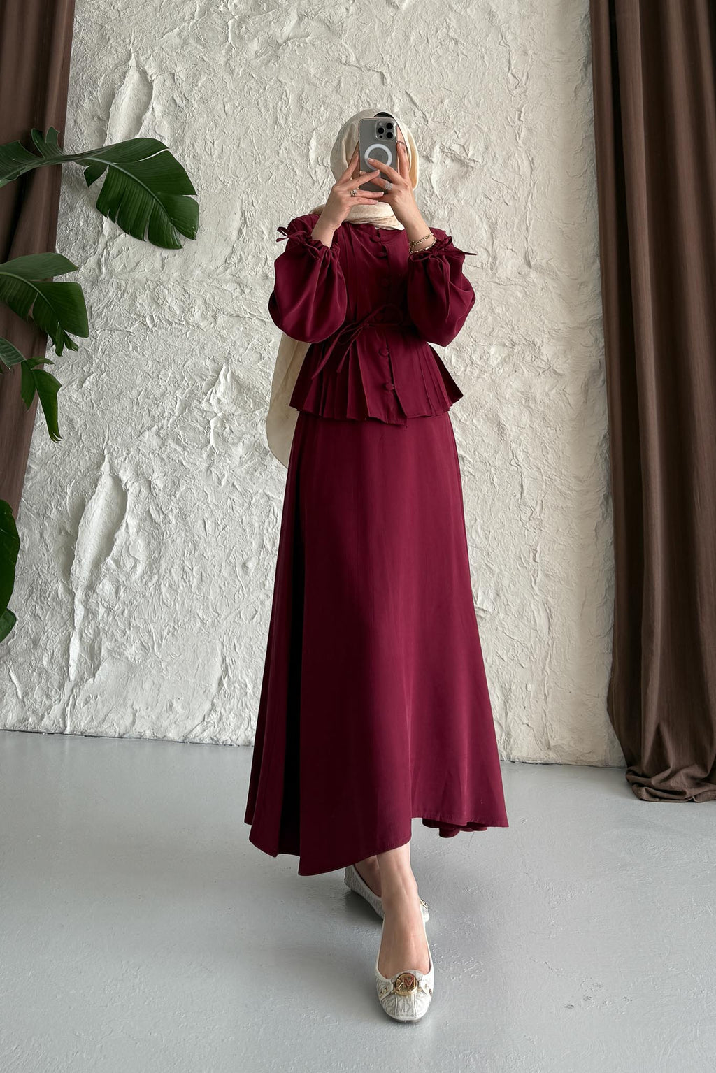 Polyana Düğmeli Takım Mürdüm