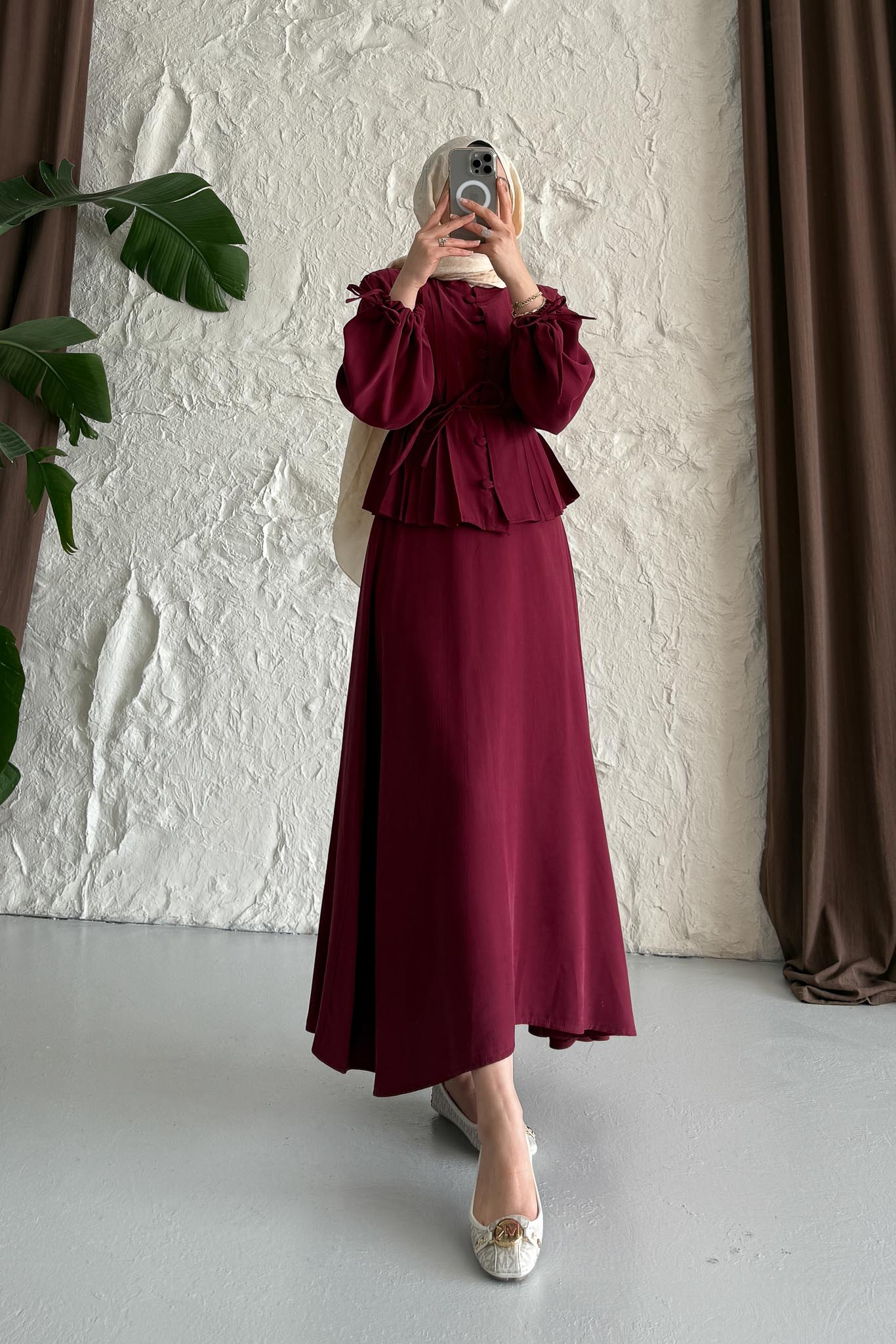 Polyana Düğmeli Takım Mürdüm