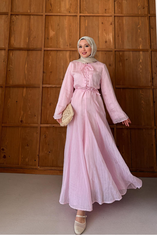 Fular Bağlamalı Elbise Pembe