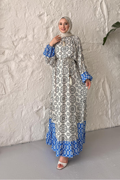 Dama Desenli Elbise Mavi
