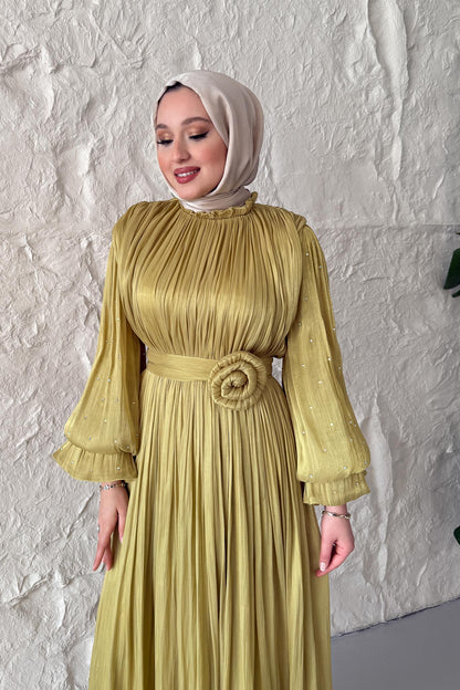 Maria İpek Taşlı Elbise Yağ Yeşili