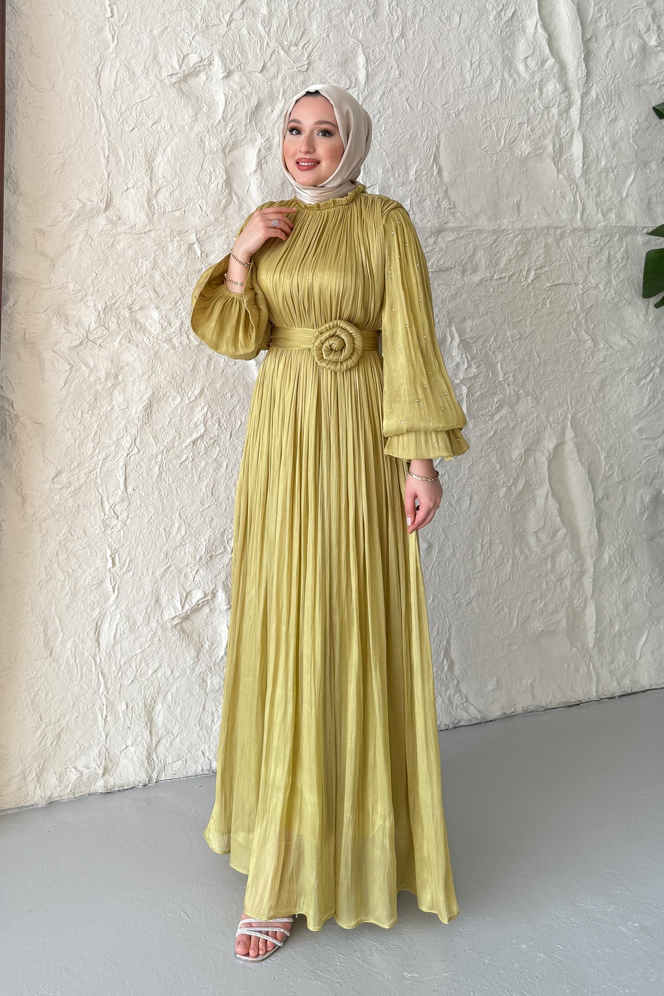 Maria İpek Taşlı Elbise Yağ Yeşili