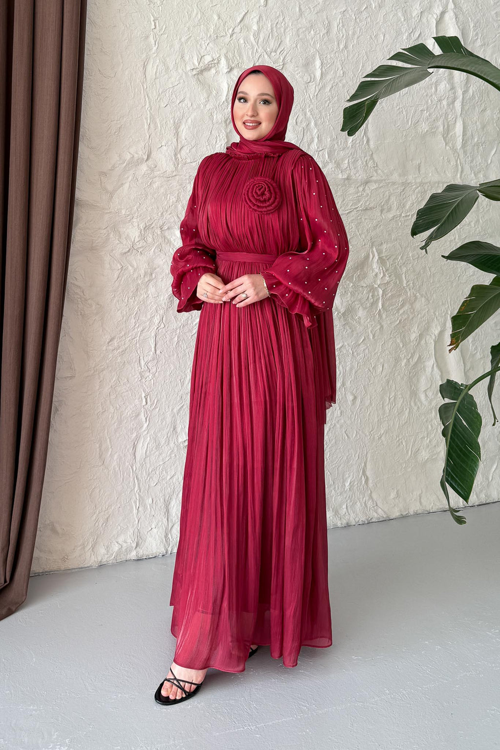 Maria İpek Taşlı Elbise Bordo