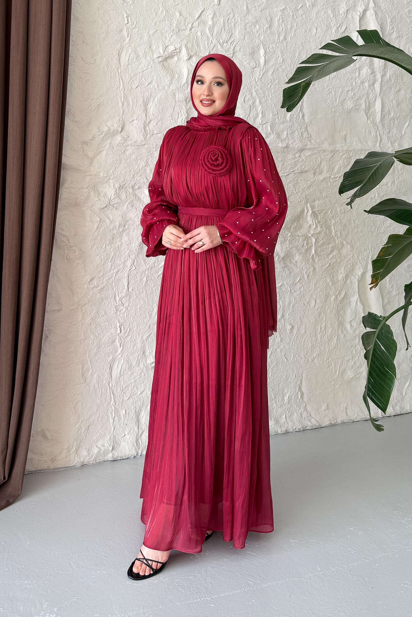 Maria İpek Taşlı Elbise Bordo