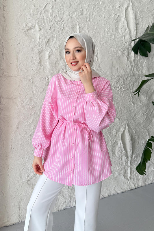 Çizgili Bağlamalı Gömlek Pembe