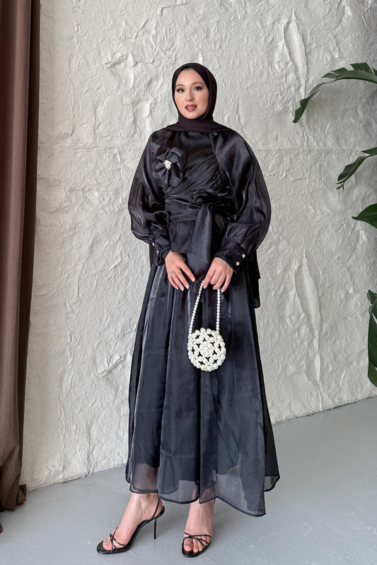 Orkide Motifli Takım Siyah