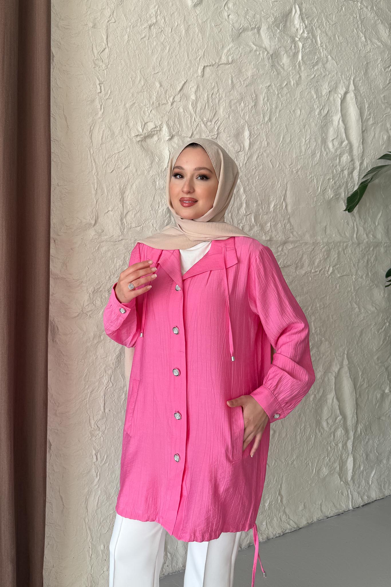 Taş Düğmeli Gömlek Pembe