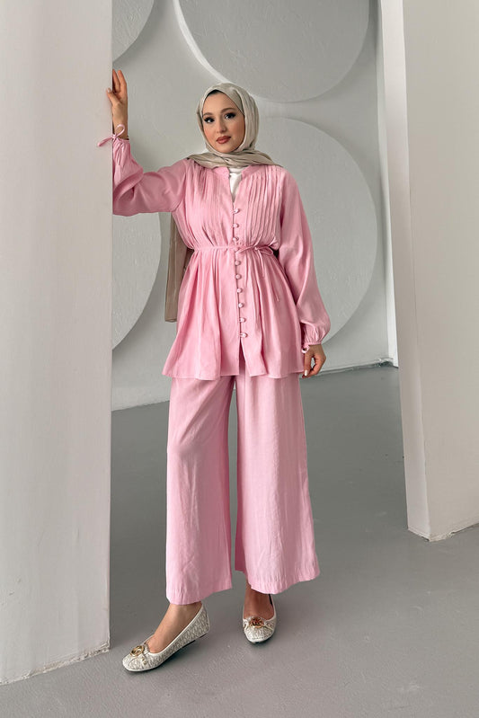 Micro Düğmeli Takım Pembe