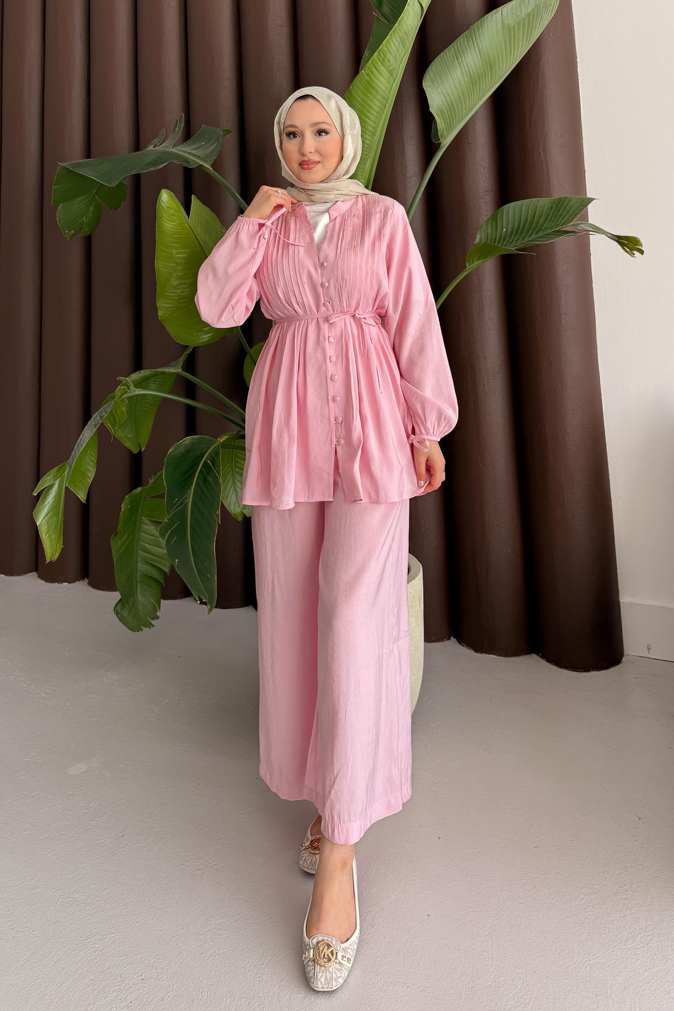 Micro Düğmeli Takım Pembe