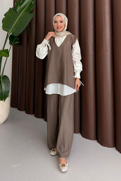 V Yakalı Takım Kahverengi