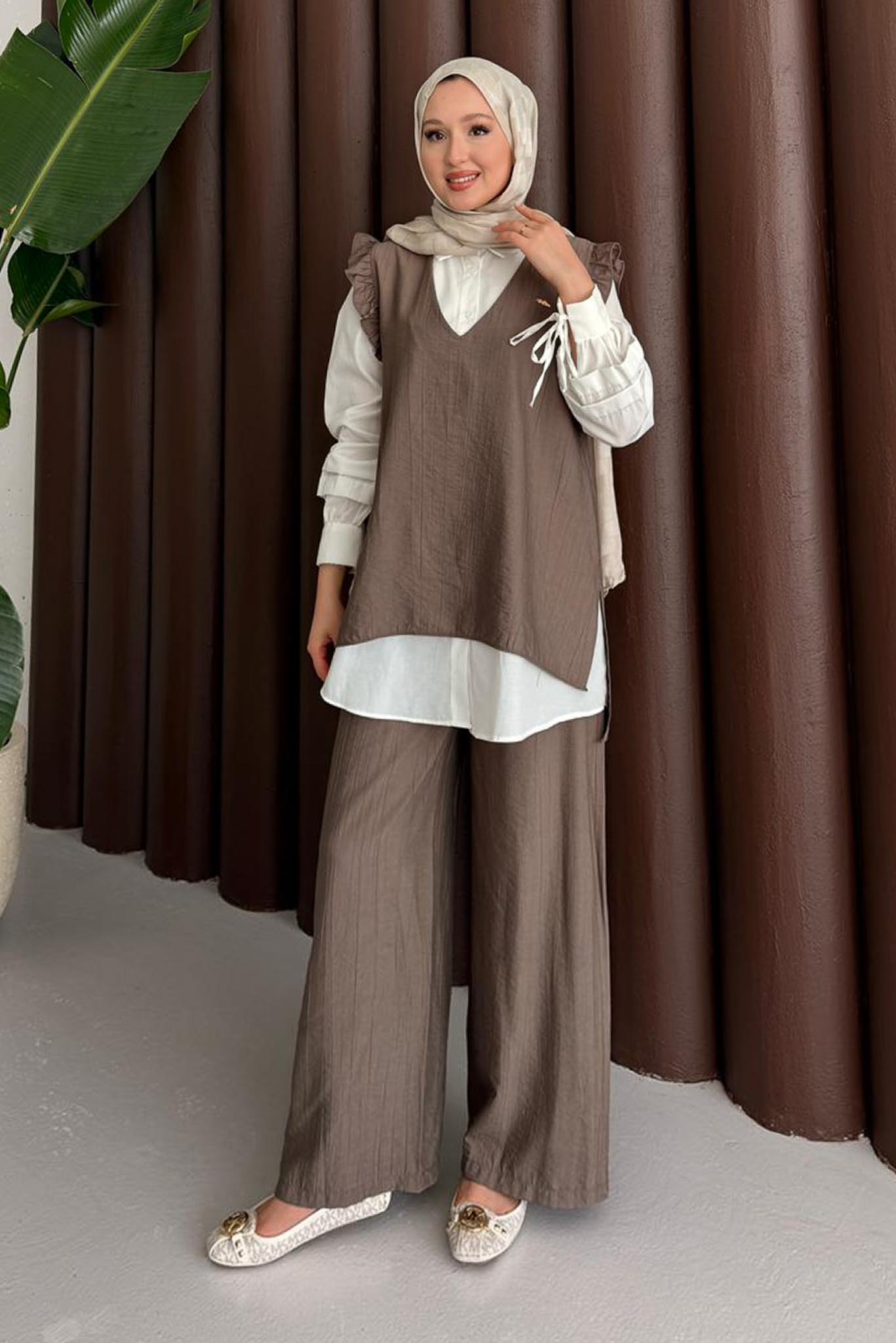 V Yakalı Takım Kahverengi