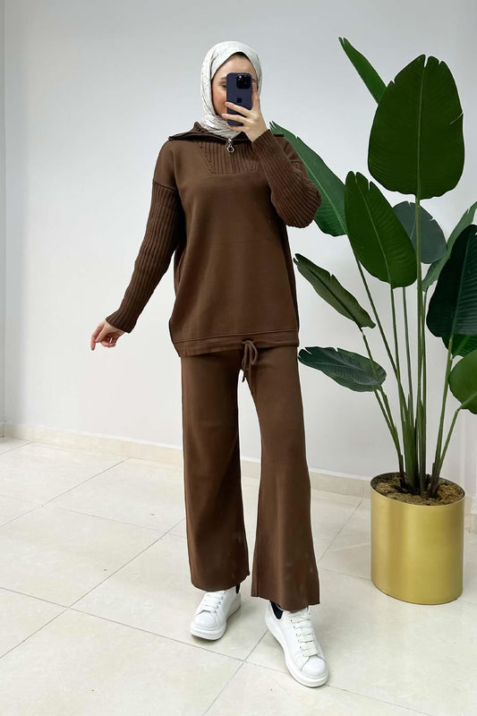 Viva Zippered Knitwear Suit Brown