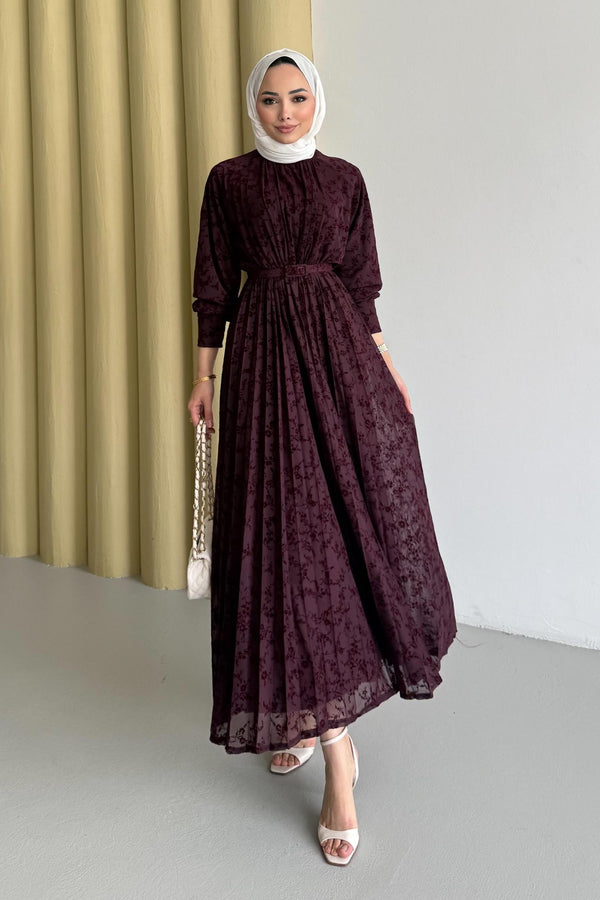 White Desenli Elbise Bordo