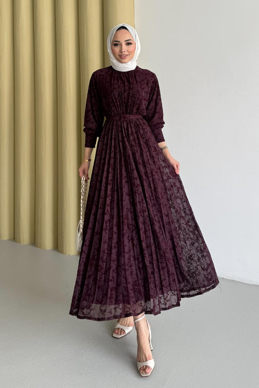 White Desenli Elbise Bordo