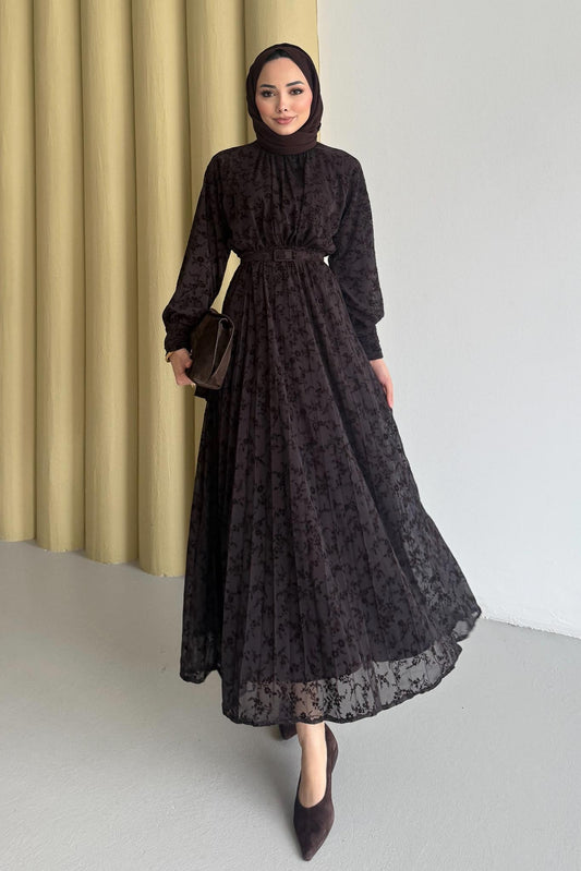 White Desenli Elbise Kahverengi