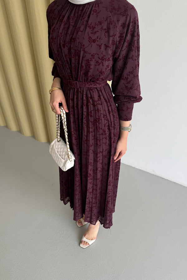 White Desenli Elbise Bordo