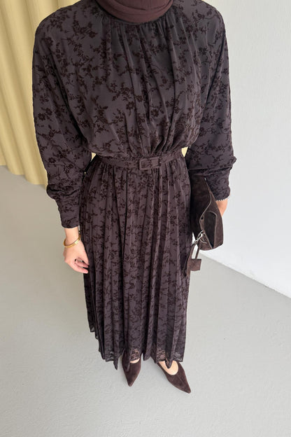 White Desenli Elbise Kahverengi