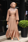 Stone Collar Diamond Evening Dress Tan